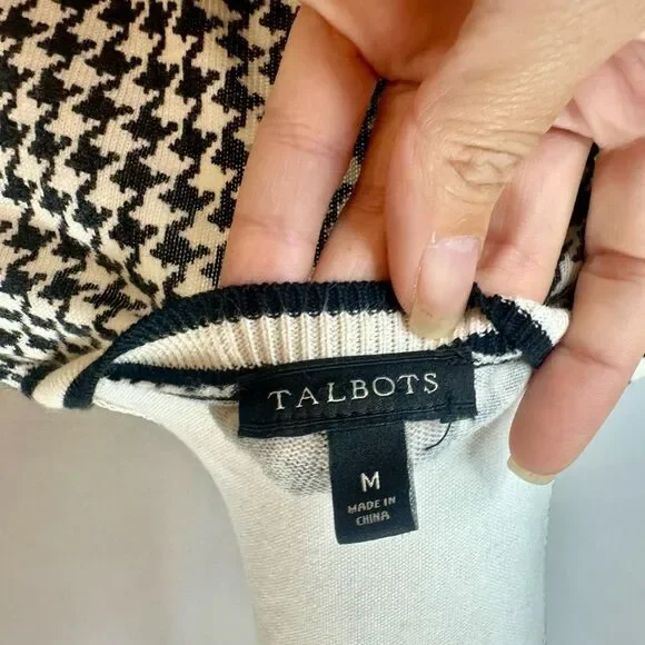 Talbots Cardigan Top Women Medium Black Houndstooth Plaid Cotton Career Casual - Picture 9 of 11